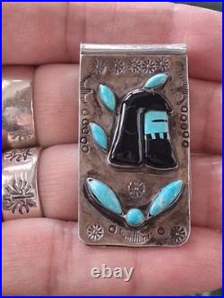 Vintg Native American Money Clip Old Pawn 925 Silver Turquoise Onyx Warrior Rare