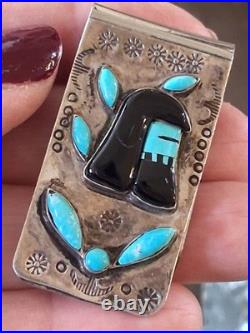 Vintg Native American Money Clip Old Pawn 925 Silver Turquoise Onyx Warrior Rare