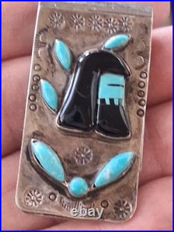 Vintg Native American Money Clip Old Pawn 925 Silver Turquoise Onyx Warrior Rare