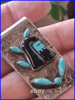 Vintg Native American Money Clip Old Pawn 925 Silver Turquoise Onyx Warrior Rare