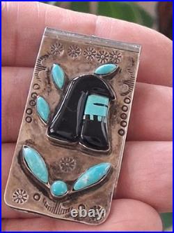 Vintg Native American Money Clip Old Pawn 925 Silver Turquoise Onyx Warrior Rare