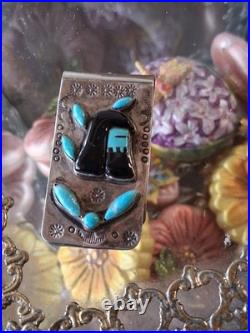 Vintg Native American Money Clip Old Pawn 925 Silver Turquoise Onyx Warrior Rare