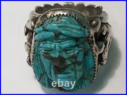 Vtg Carv Spider Web Turquoise Native American Chief Exquisite Sterling Ring Rare