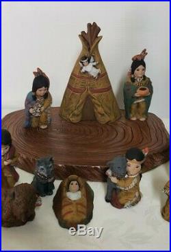 Vtg Ceramic Native American Theme Indian Nativity Set 12 Pcs Signed Rare