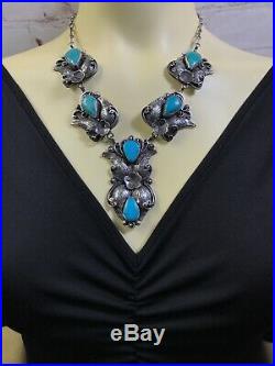 Vtg Rare Navajo Feathers Sterling Silver Kingman Turquoise Necklace 101g