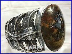 Vtg Rare Navajo Feathers Sterling Silver Petrified Wood Cuff Bracelet 100g