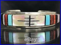 Vtg Rare Zuni Native American Inlay MOP Turquoise Coral Sterling Cuff Bracelet