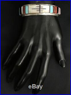 Vtg Rare Zuni Native American Inlay MOP Turquoise Coral Sterling Cuff Bracelet