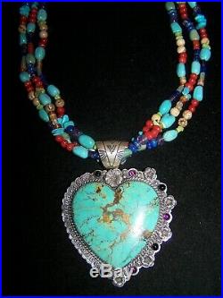 WOW! RARE HUGE Navajo Turquoise Multi Stone Heart Pendant NecklaceSilver Cloud