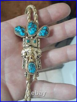 Will Denetdale Navajo solid 14k Turquoise Kachina bolo tie! 65 gr. SUPER RARE