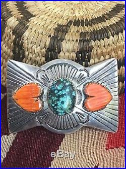 Wow! Rare J Blackgoat Navajo Sterling Silver Turquoise & Heart Shell Belt Buckle
