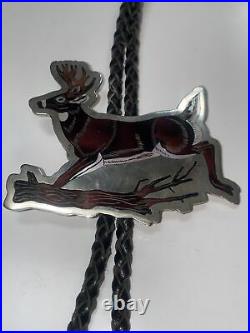 ZUNI MOTHER OF PEARL STERLING SILVER DEER BOLO Signed By Dale Edaaki Rare