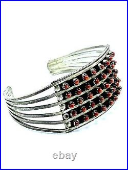 Zuni 5 Row Coral Sterling Silver Handmade Cuff Bracelet By Susie Livingston Rare