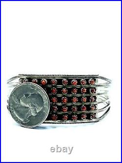 Zuni 5 Row Coral Sterling Silver Handmade Cuff Bracelet By Susie Livingston Rare