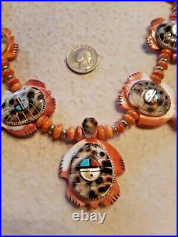 Zuni Indian DARRIN BOONE Turtle + Kachina Face Squash Blossom Necklace 28 RARE