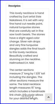 Zuni Native American Needle Point Turquoise Sterling Necklace Elsi Nakatewa RARE